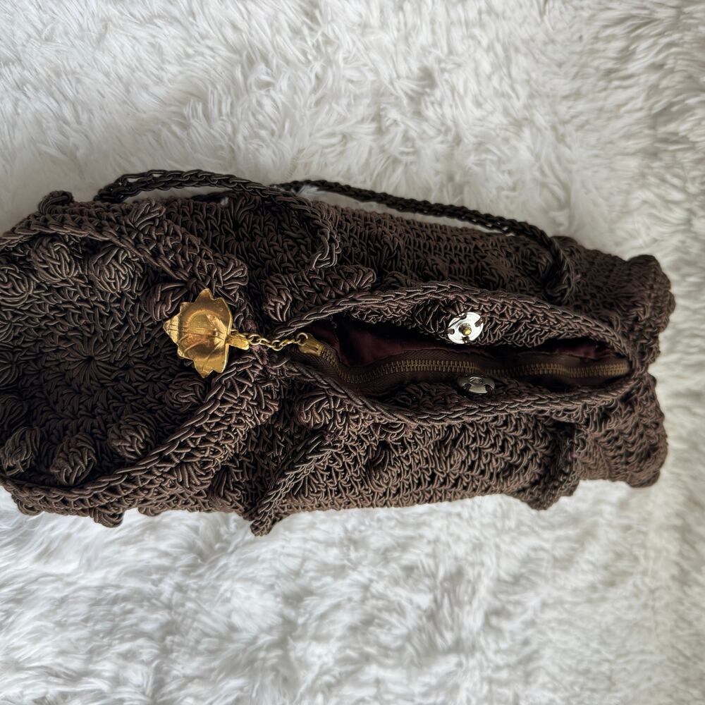 1940s Vintage Brown Cordé Crochet Handbag Gold Leaf Pull Double Handle 14” - Picture 11 of 16